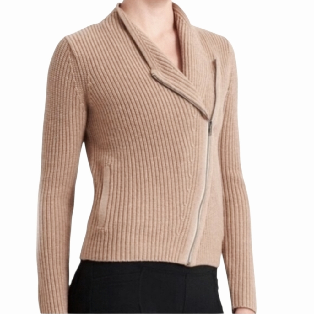 Athleta Stowe Moto Zip Merino Wool Asymetrical Beige Knit Cardigan Sweater Sz S